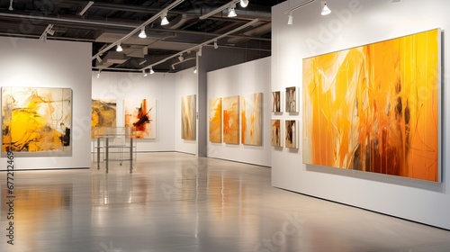 an art gallery with a large display of paintings photo