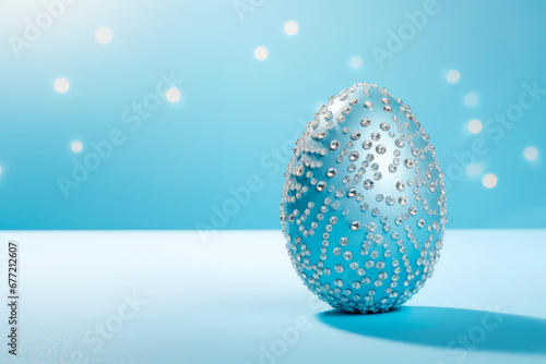 Glamorous shiny Easter egg in rhinestones and glitter. A blue egg on a blue background. 
