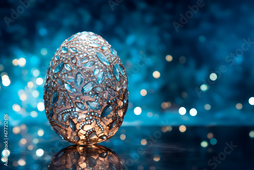 Glamorous shiny Easter egg in rhinestones and glitter on a neon background. Creative background. 