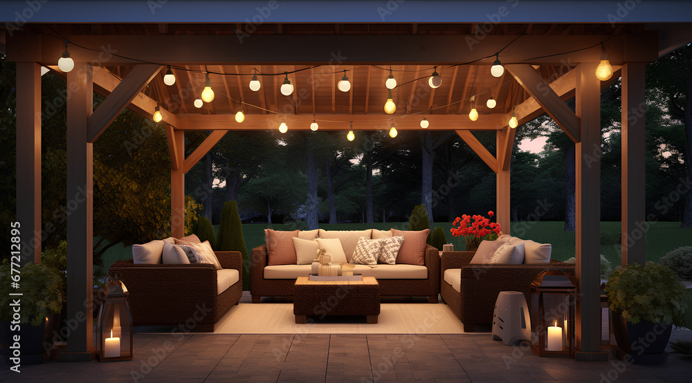 Scenic set up with cozy outdoor seating, cushions, warm covers, and flickering lights on the terrace. Generative AI