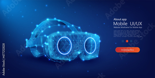Vector illustration of a neon blue VR headset wireframe on a dark starry background, symbolizing virtual reality technology. Modern abstract connection design vector illustration.