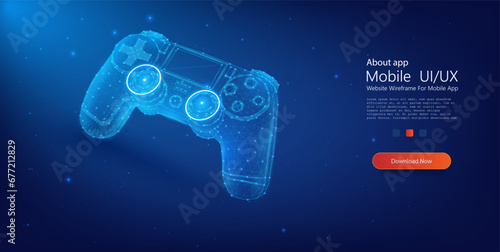 Vector illustration of a neon blue game controller wireframe against a cosmic backdrop, encapsulating modern gaming. Polygonal illustration of a game controller on a dark blue background.