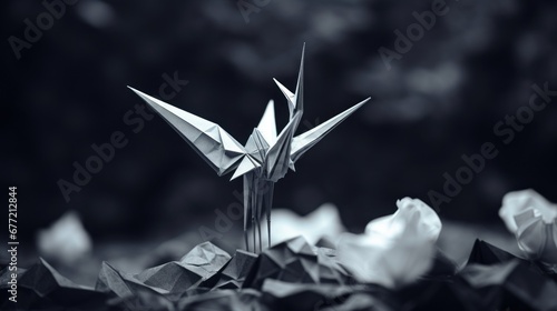 A black and white photo of origami birds, AI