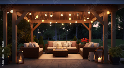 Scenic set up with cozy outdoor seating, cushions, warm covers, and flickering lights on the terrace. Generative AI