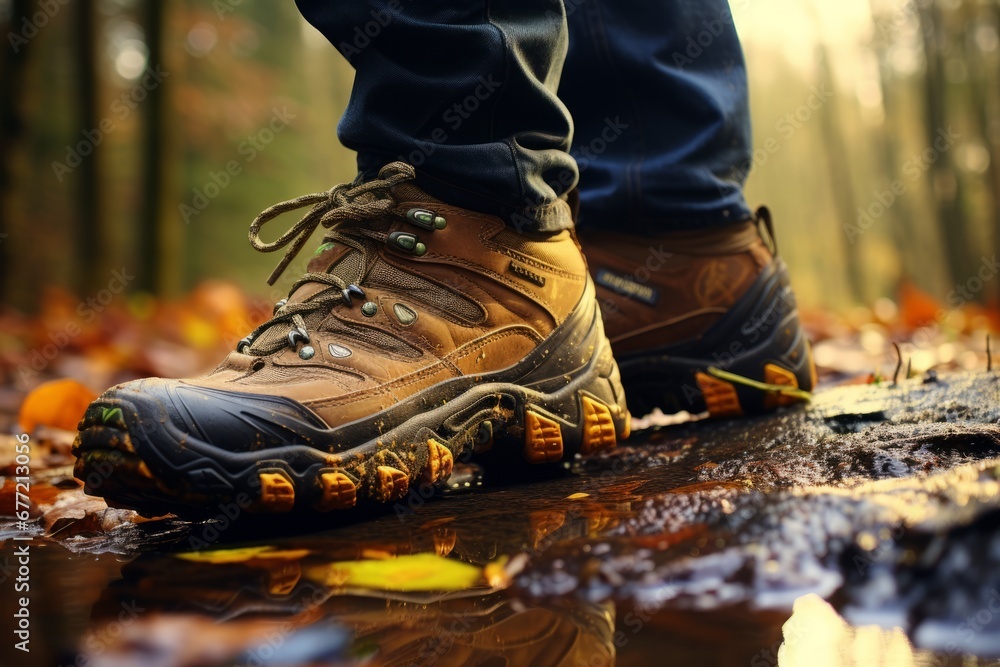 Close up of hikers feet in sturdy hiking shoes walking and exploring the scenic outdoors