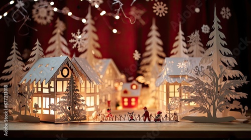 Christmas background with village and pine trees and snowflakes in papercut style. © linen