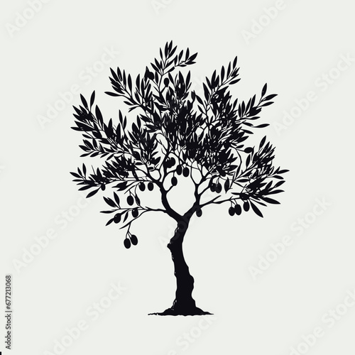 Olive tree silhouette synbol isolated for printing. Albero di olivo per etichette  marchio  brand  extra vergine. Black and white.