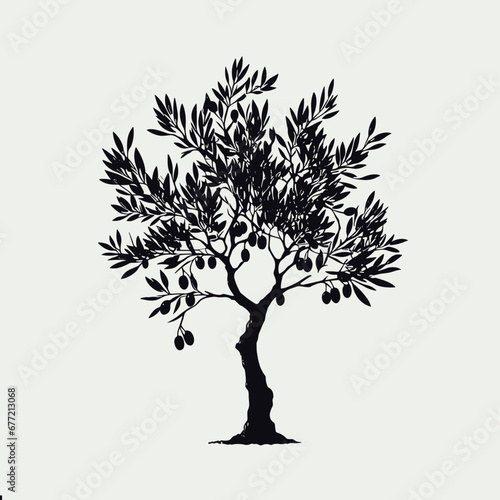 Olive tree silhouette synbol isolated for printing. Albero di olivo per etichette, marchio, brand, extra vergine. Black and white.