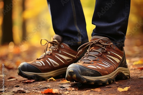 Close up of hiker wearing hiking shoes while walking on a scenic trail in the great outdoors