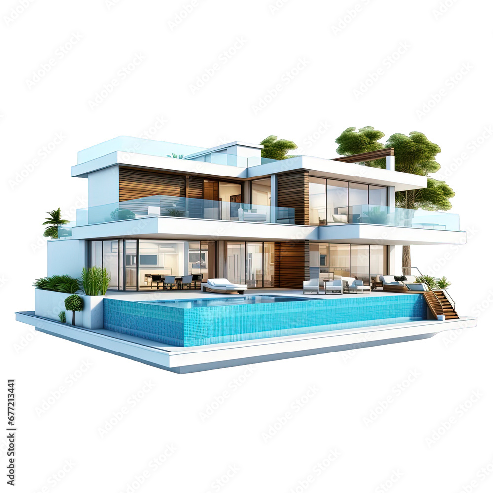 Fototapeta premium modern cozy house with pool isolated on white