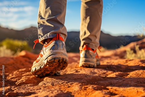 Hikers close up feet in sturdy hiking shoes, outdoor walk amidst breathtaking scenery