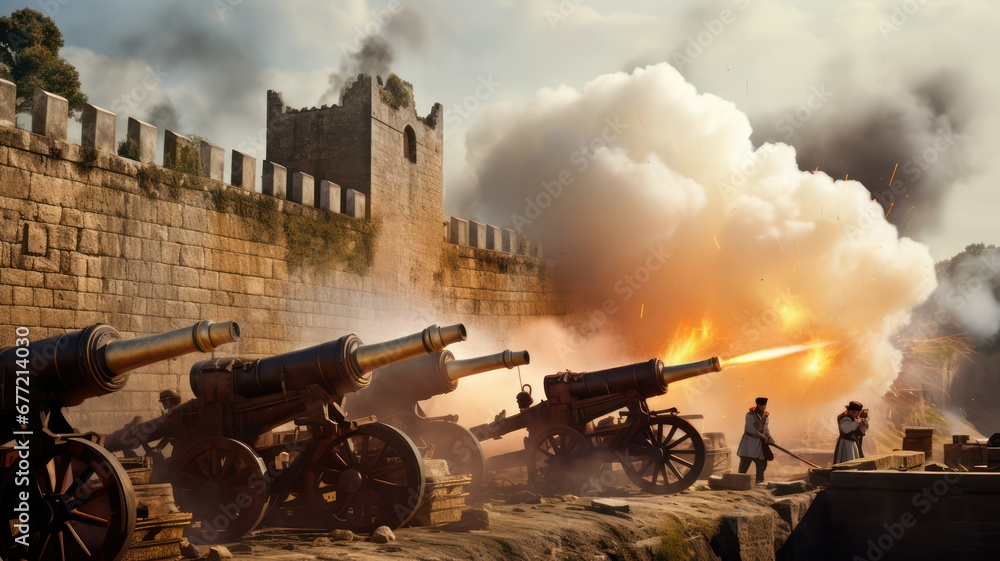 Several cannons in a row firing cannon salutes from a stone wall at a castle with smoke coming out of the front end of the cannons created with Generative AI - obrazy, fototapety, plakaty 