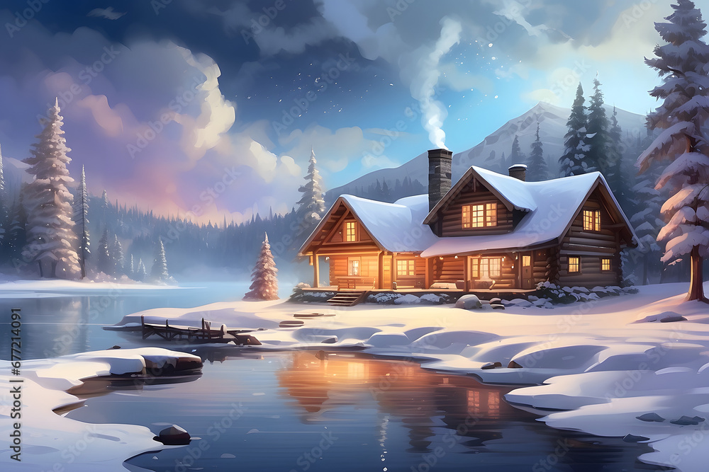 Fototapeta premium A stunningly beautiful digital painting of a winter wonderland, with snow-covered trees, a sparkling lake, and a cozy cabin in the distance, with smoke billowing from the chimney and inviting lights.