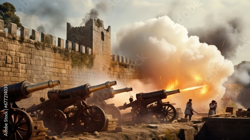 Several cannons in a row firing cannon salutes from a stone wall at a castle with smoke coming out of the front end of the cannons created with Generative AI photo