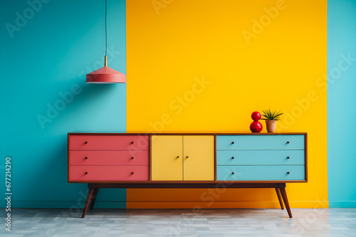 Colorful sideboard on colorful blue wall background electric retro interior