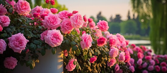 The floral beauty of the rose garden in spring is amplified by the background of lush green leaves showcasing a vibrant display of pink roses and their colorful petals