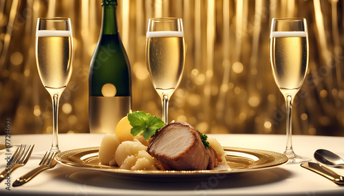 A sumptuous dinner and flutes glasses of champagne, Shining golden background,