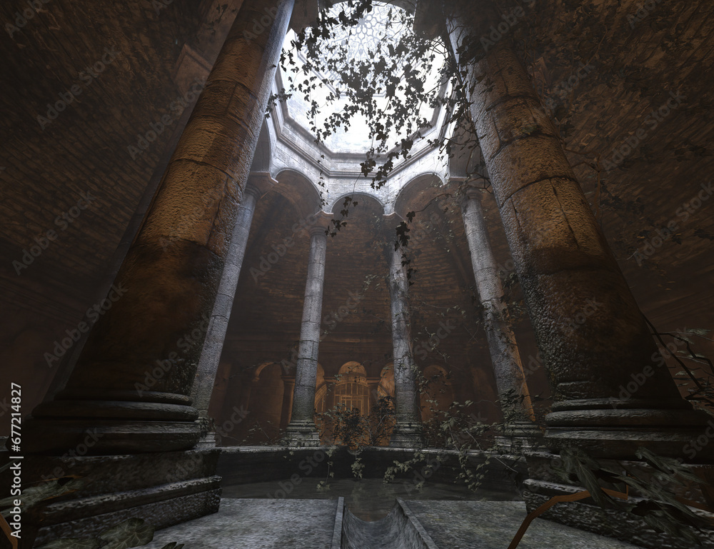 Fantasy interior of a temple with cinematic light 