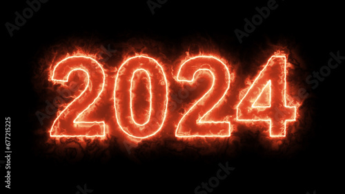Fire glowing neon light 2024 text. Animated text 2024 neon glowing with fire reflection