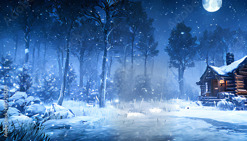 a cabin in a forest snowing at night on a full moon, Christmas forest.Generated by AI