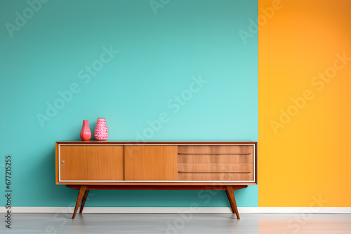 Wallpaper Mural Wooden sideboard on colorful blue wall background electric retro interior Torontodigital.ca