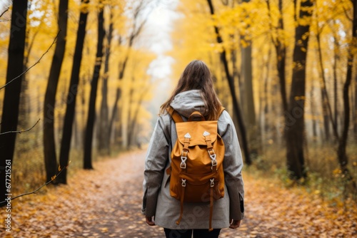 Serene autumn hiker exploring forest trail amidst colorful fall foliage in natures embrace