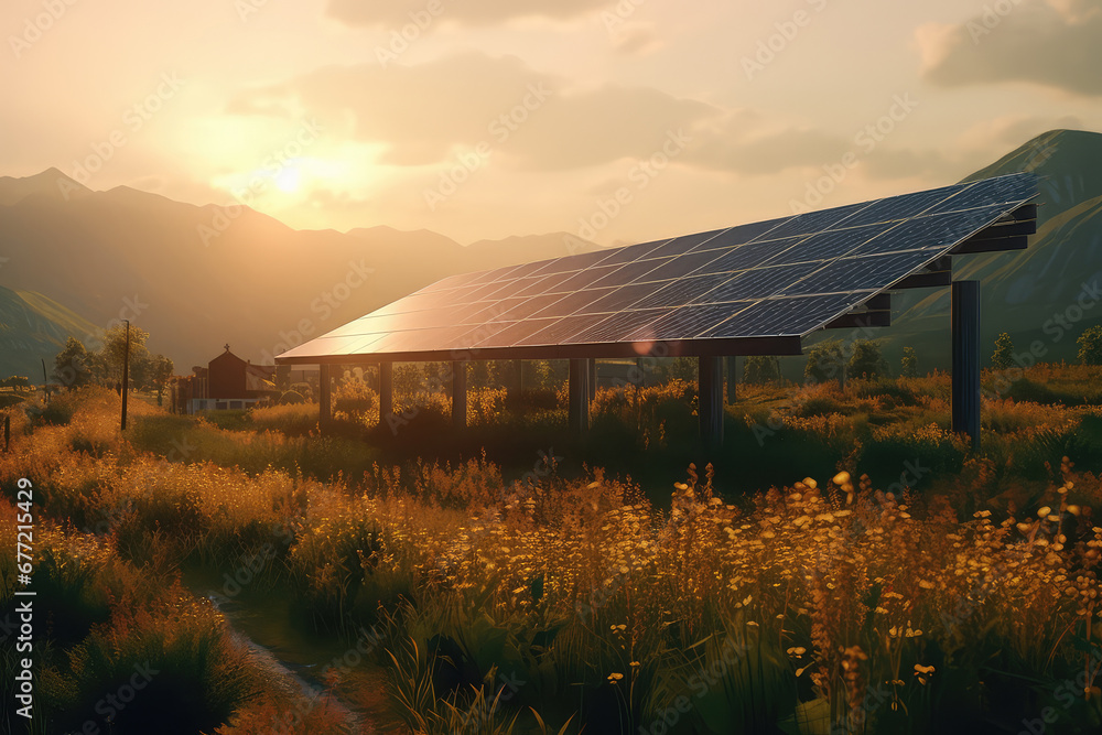 Solar panel system, Photovoltaic panels on the roof at sunrise and sunset in countryside from above. 3d render illustration. Generative AI. - obrazy, fototapety, plakaty 