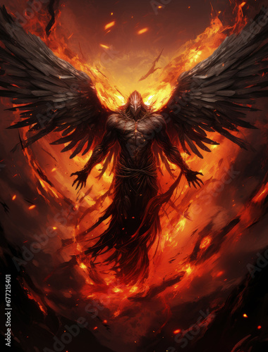 An illustration_of an dark angel flying above flames.