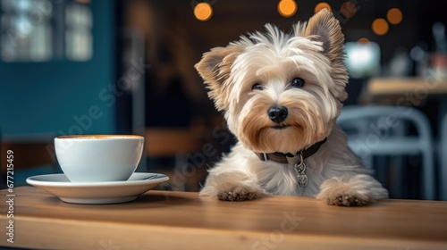 Dog in a coffee shop with latte 