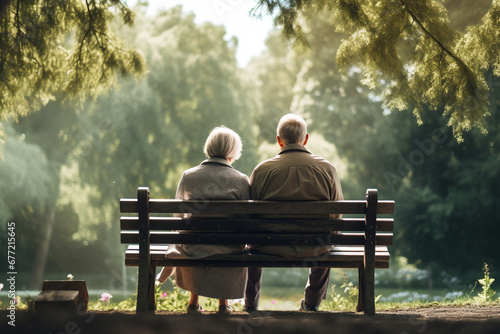 Back view of senior couple sitting on a bench in a autumn. High quality photo
