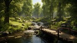 A charming wooden bridge spanning a bubbling creek in the heart of a sun-dappled Scandinavian forest, inviting exploration