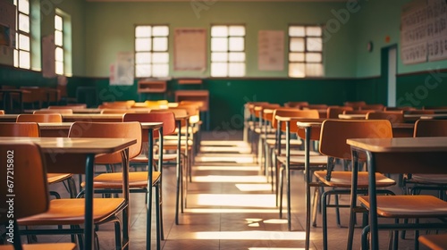 Wallpaper Mural Empty Classroom Back to school concept in high school Classroom Interior Vintage Wooden Lecture Wooden Chairs and Desks Studying Torontodigital.ca