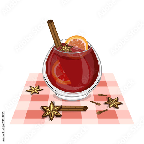 glass of mulled wine on a kitchen towel with cinnamon, cloves and orange, vector graphics