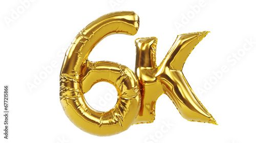 3D render of Golden 6K sign isolated on white background, 6k followers celebration. photo