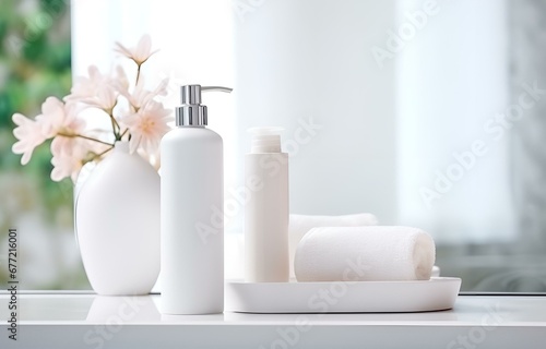 colorful bottles and tubes with cosmetics on white marble shelf in the bathroom for relax spa card decor