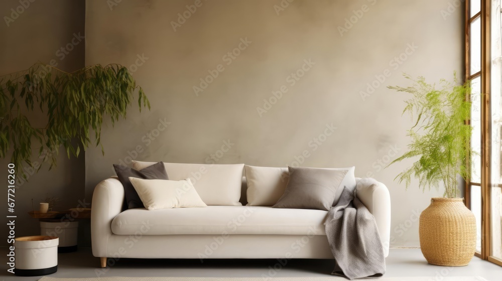 Fabric sofa with grey pillow and blanket against stucco wall Wabisabi home interior design of modern living room Fabric sofa with grey pillow and blanket against stucco wall Wabisabi home interior design of modern living room
