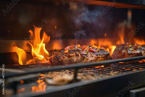Close up of burning grill meat for dinner in the oven in background of modern restaurant. Cooking concept of food and dish.