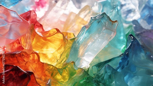 A close-up of recycled glass, refracting sunlight in a dance of colors, symbolizing the transformative power of recycling photo