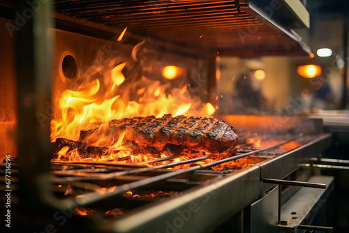 Close up of burning grill meat for dinner in the oven in background of modern restaurant. Cooking concept of food and dish.