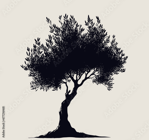 Olive tree silhouette synbol isolated for printing. Albero di olivo per etichette, marchio, brand, extra vergine. Black and white.