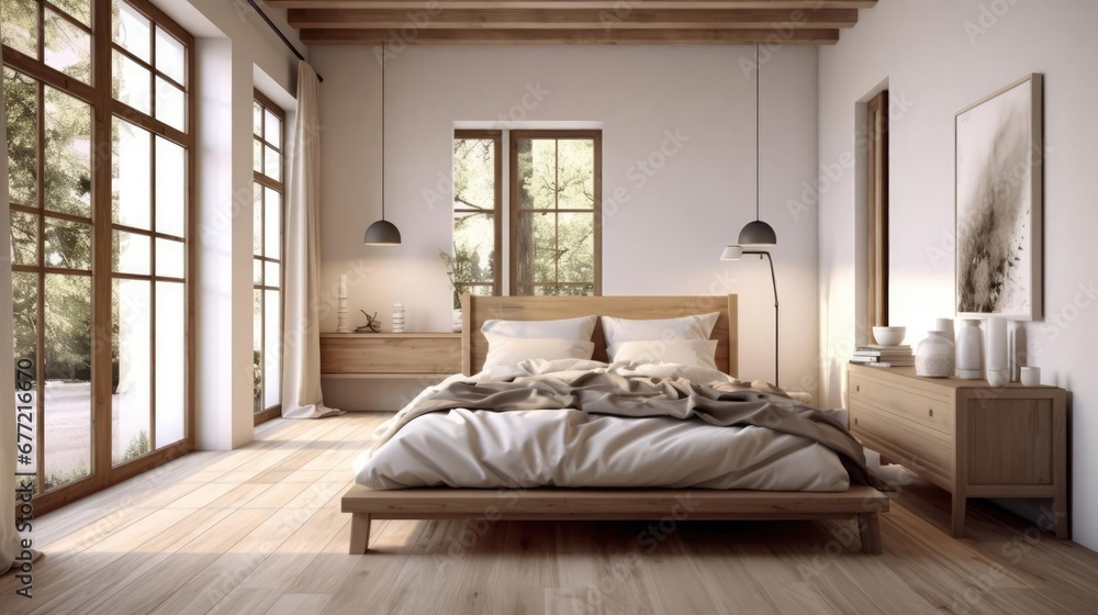 Farmhouse interior design of modern bedroom with hardwood floor Created with generative AI Farmhouse interior design of modern bedroom with hardwood floor Created with generative AI