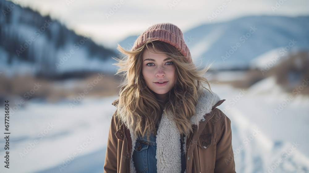 a young woman, winter walk in mountains in casual clothing. With empty copy space a young woman, winter walk in mountains in casual clothing. With empty copy space