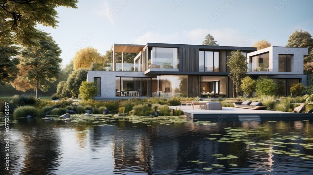 A contemporary Dutch dwelling, surrounded by water features and greenery, stands as a testament to architectural innovation and aesthetic sophistication
