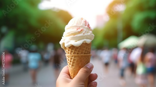 Female hand holding an ice cream cone social media style photo food and travel destination concept 