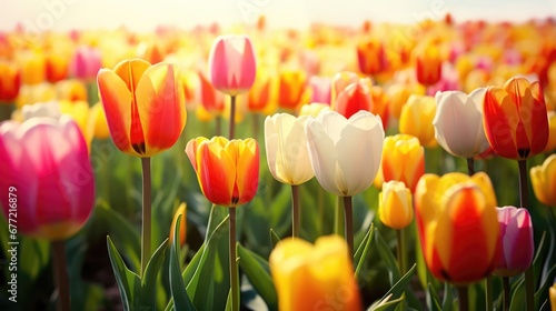 Field of tulip flowers closeup 