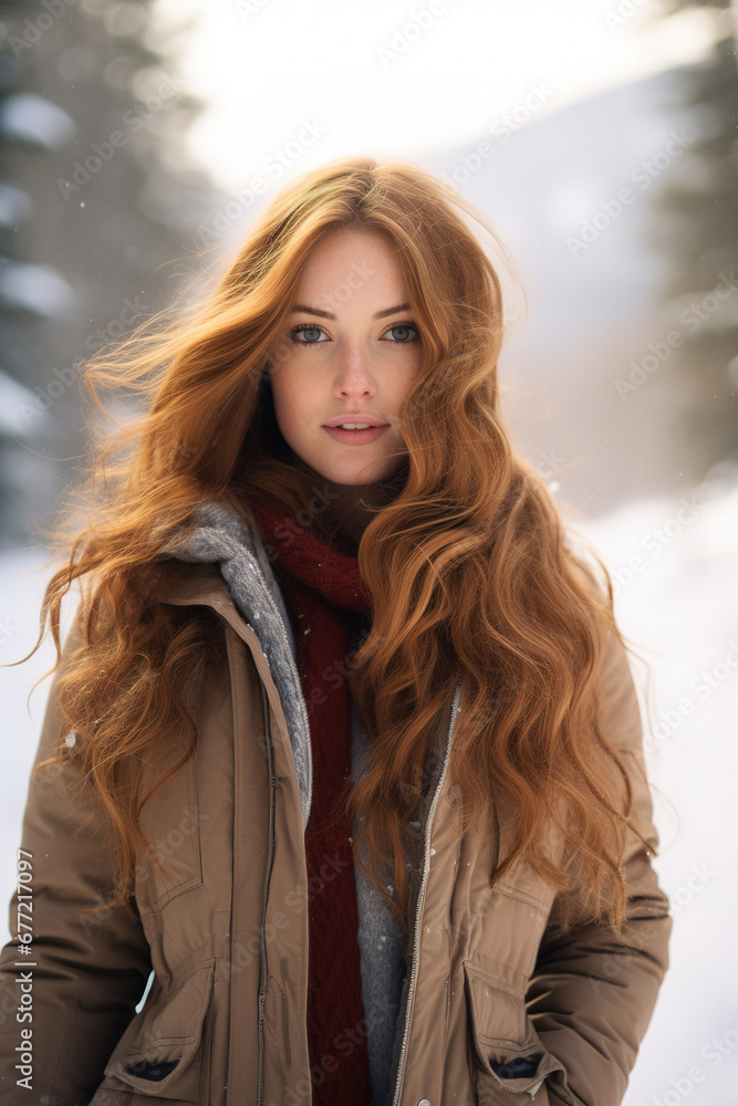 a young woman, winter walk in mountains in casual clothing. With empty copy space a young woman, winter walk in mountains in casual clothing. With empty copy space
