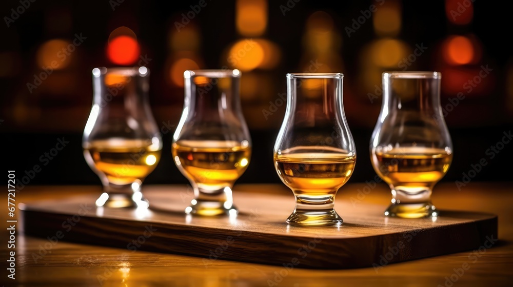 Flight of whiskey for tasting on a bar counter with a blurred background Flight of whiskey for tasting on a bar counter with a blurred background