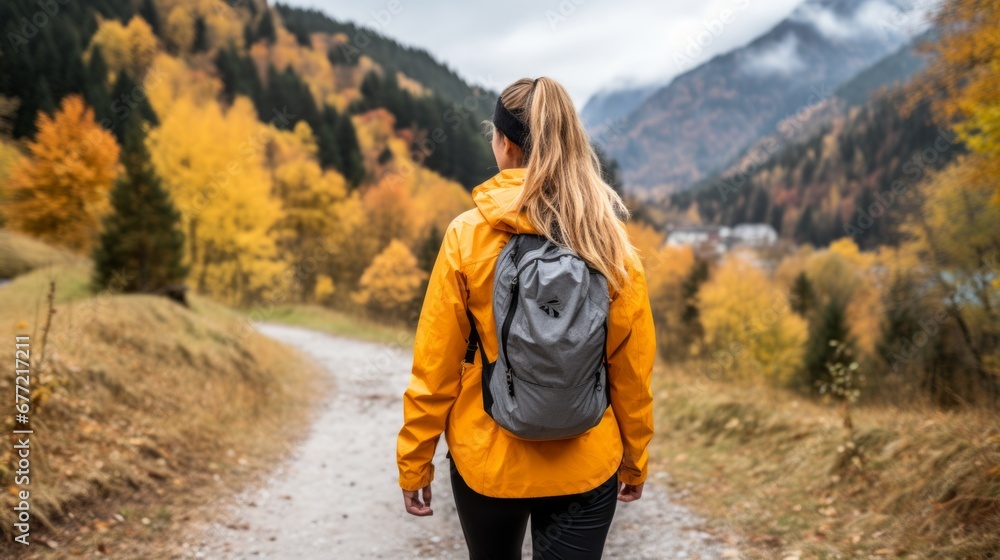 Serene autumn forest hike unrecognizable woman walking on a trail amidst vibrant fall foliage