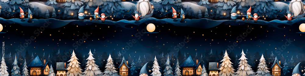 Fototapeta premium seamless border with Christmas trees, stars, gnomes, snowflakes, cartoon style