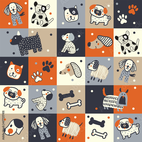Cute doggie. Funny children's seamless pattern. Can be used in textile industry, paper, background, scrapbooking.Vector.